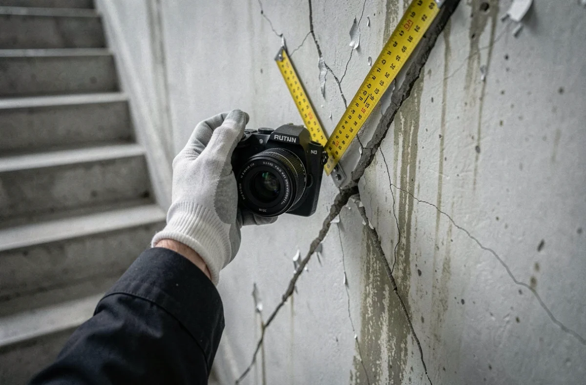 Gros plan d'un huissier photographiant une fissure murale avec une règle pour un constat avant travaux