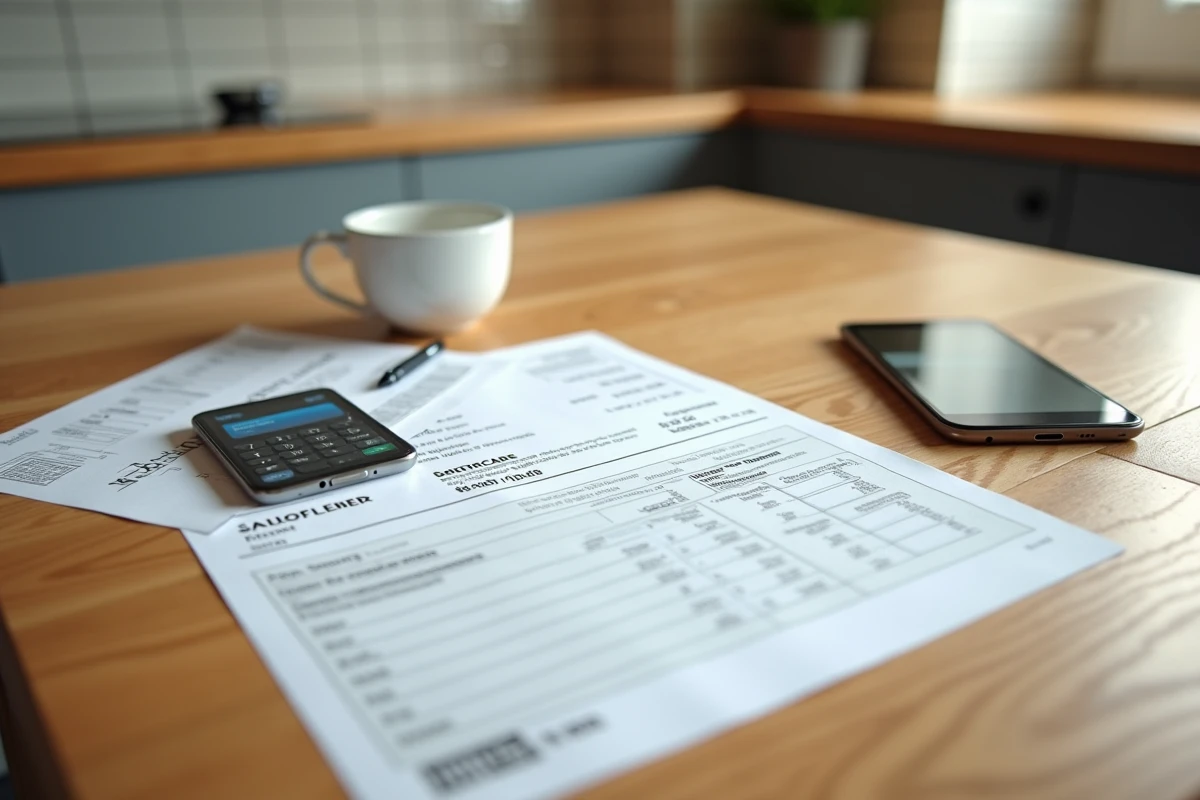 Documents de paiement de loyer et relevé bancaire sur une table en bois, vue de dessus
