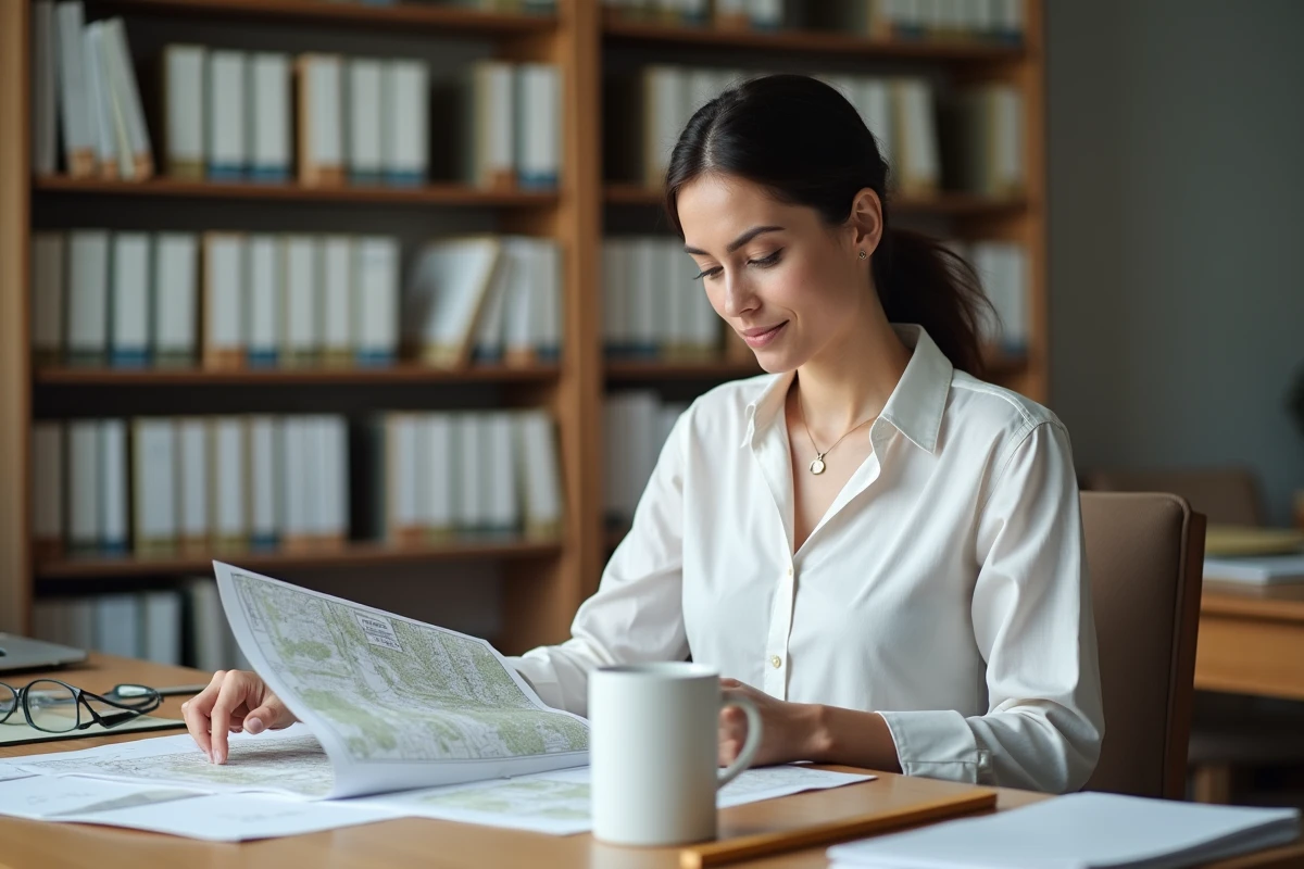 Urbaniste municipale consultant un dossier de certificat d'urbanisme dans un bureau administratif avec cartes topographiques