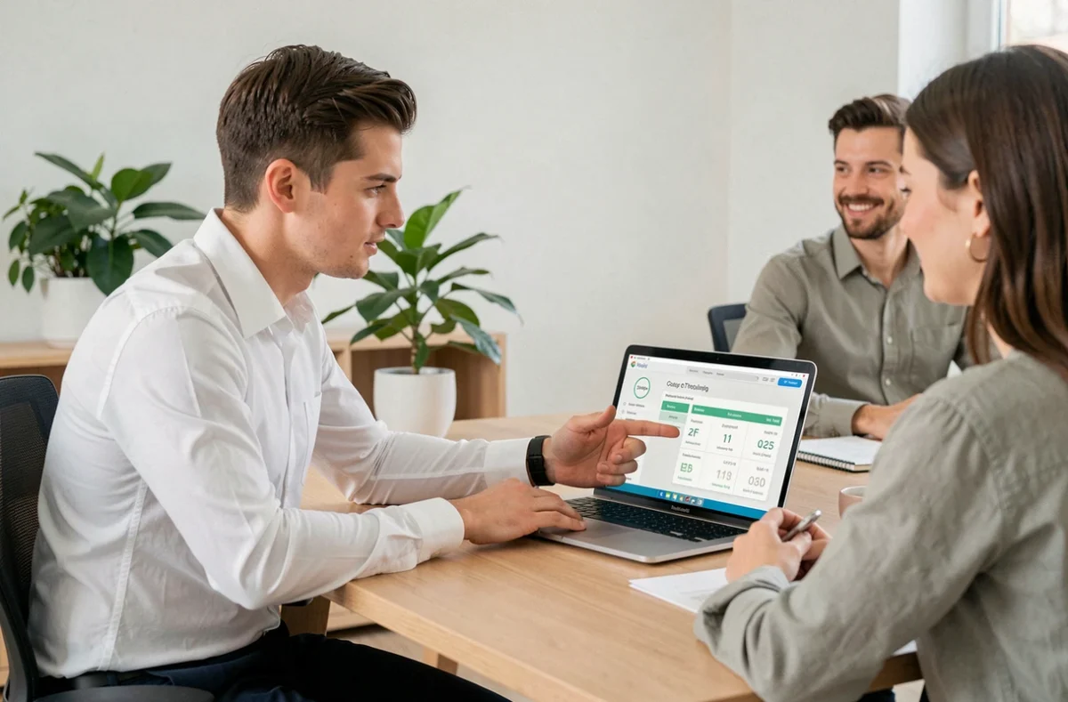 Conseiller Empruntis Toulouse comparant des offres de crédit immobilier sur ordinateur avec des clients