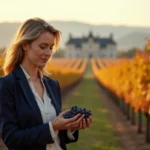Entrepreneuse inspectant des grappes de raisin Merlot dans un vignoble bordelais en automne avec un château en arrière-plan