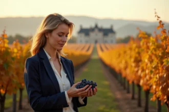Entrepreneuse inspectant des grappes de raisin Merlot dans un vignoble bordelais en automne avec un château en arrière-plan
