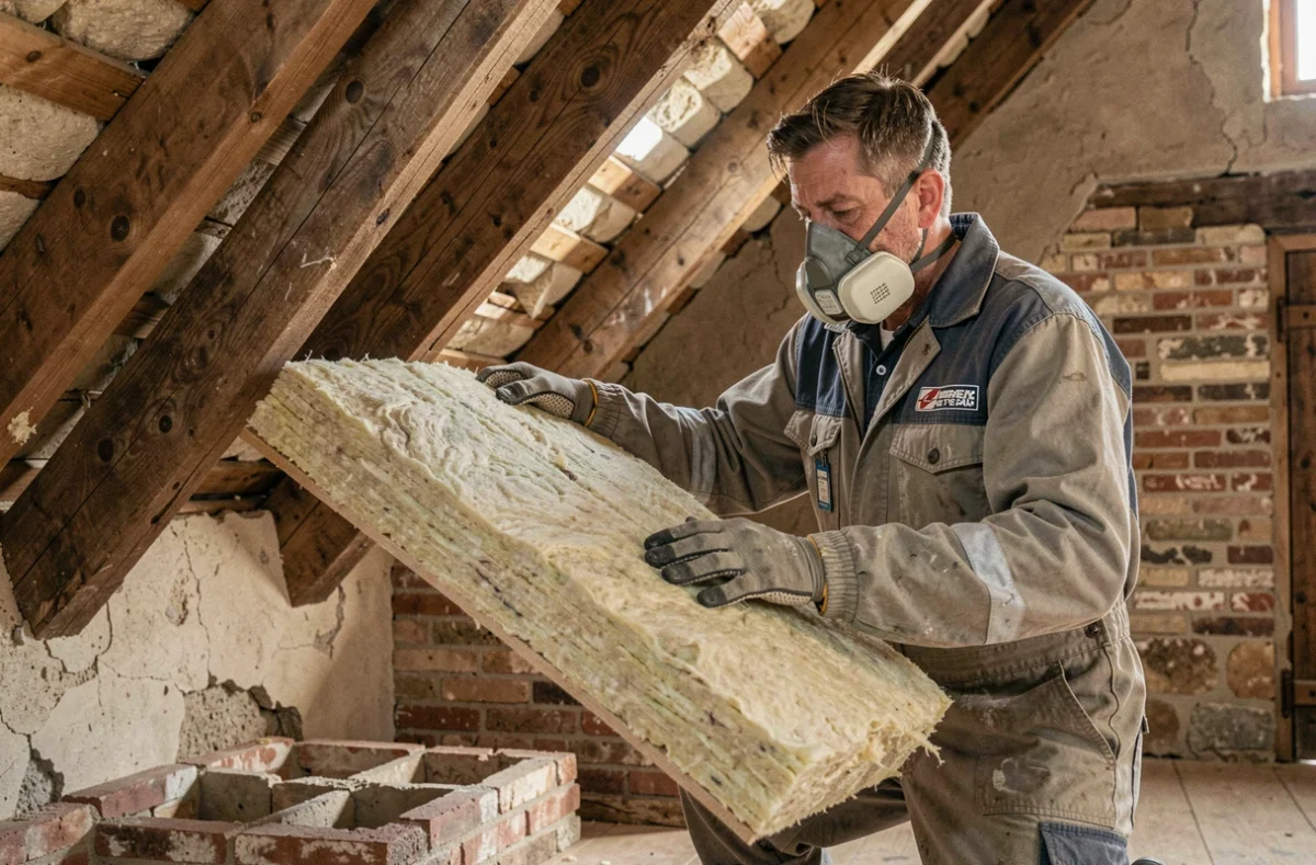 Artisan de l'Entreprise Isolation Coulommiers posant des panneaux de laine minérale dans les combles d'une ferme rurale en Seine-et-Marne