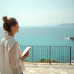 Femme évaluant la vue mer depuis la terrasse d'une maison à vendre sur la côte méditerranéenne