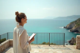 Femme évaluant la vue mer depuis la terrasse d'une maison à vendre sur la côte méditerranéenne