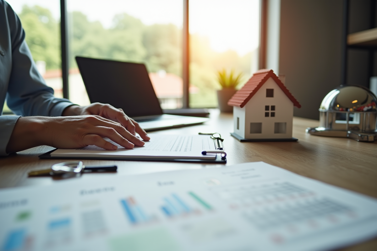 Personne examinant des documents immobiliers sur un bureau lumineux