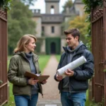 Femme et adolescent devant un château abandonné