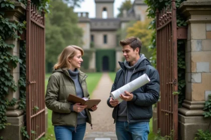Femme et adolescent devant un château abandonné