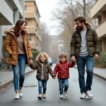 Famille dans la rue de Montluçon avec immeubles et verdure