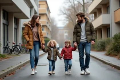 Famille dans la rue de Montluçon avec immeubles et verdure