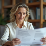 Femme d affaires en bureau moderne examine un document d assurance