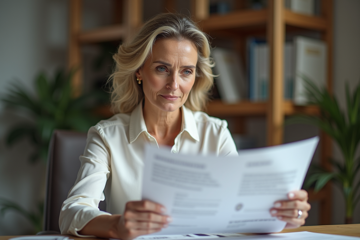 Femme d affaires en bureau moderne examine un document d assurance