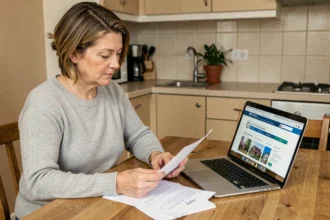 Femme consultant des documents d'aide au logement sur son ordinateur portable dans une cuisine domestique