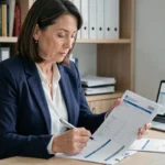 Femme professionnelle analysant un formulaire de pré état daté vierge à son bureau