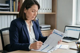 Femme professionnelle analysant un formulaire de pré état daté vierge à son bureau