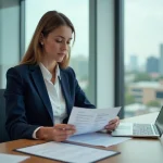 Femme professionnelle en bureau moderne examine des formulaires