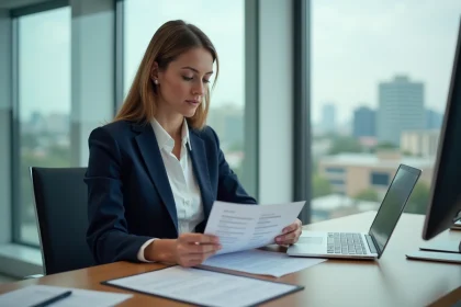 Femme professionnelle en bureau moderne examine des formulaires