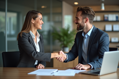 Femme confiante serre la main d'un conseiller bancaire