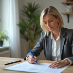Femme d'âge moyen examinant un contrat de location