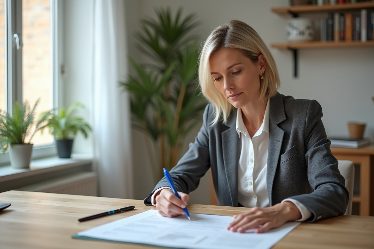 Femme d'âge moyen examinant un contrat de location