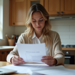 Femme examinant des documents de mortgage dans une cuisine chaleureuse