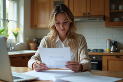 Femme examinant des documents de mortgage dans une cuisine chaleureuse