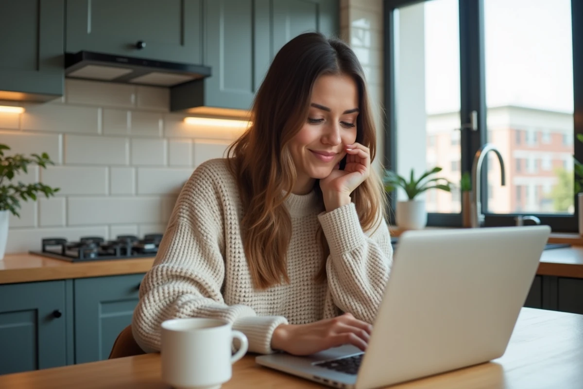 Femme souriante utilisant son laptop dans la cuisine
