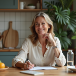 Femme assise à la cuisine écrivant des idées repas