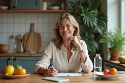 Femme assise à la cuisine écrivant des idées repas