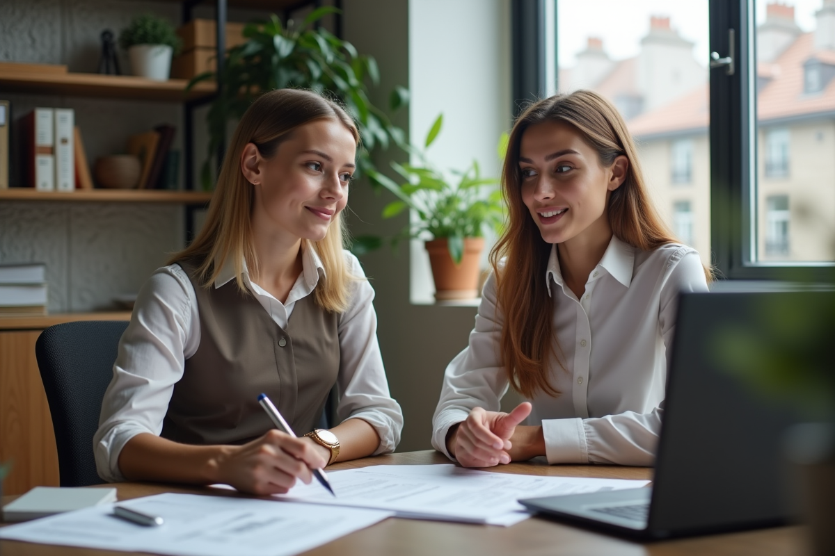 Jeune femme rencontrant un comptable dans un bureau cosy