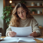 Femme lisant des documents dans une cuisine chaleureuse