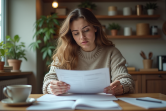 Femme lisant des documents dans une cuisine chaleureuse