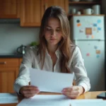 Jeune femme en cuisine examinant un courrier de logement