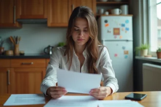 Jeune femme en cuisine examinant un courrier de logement