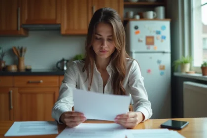 Jeune femme en cuisine examinant un courrier de logement