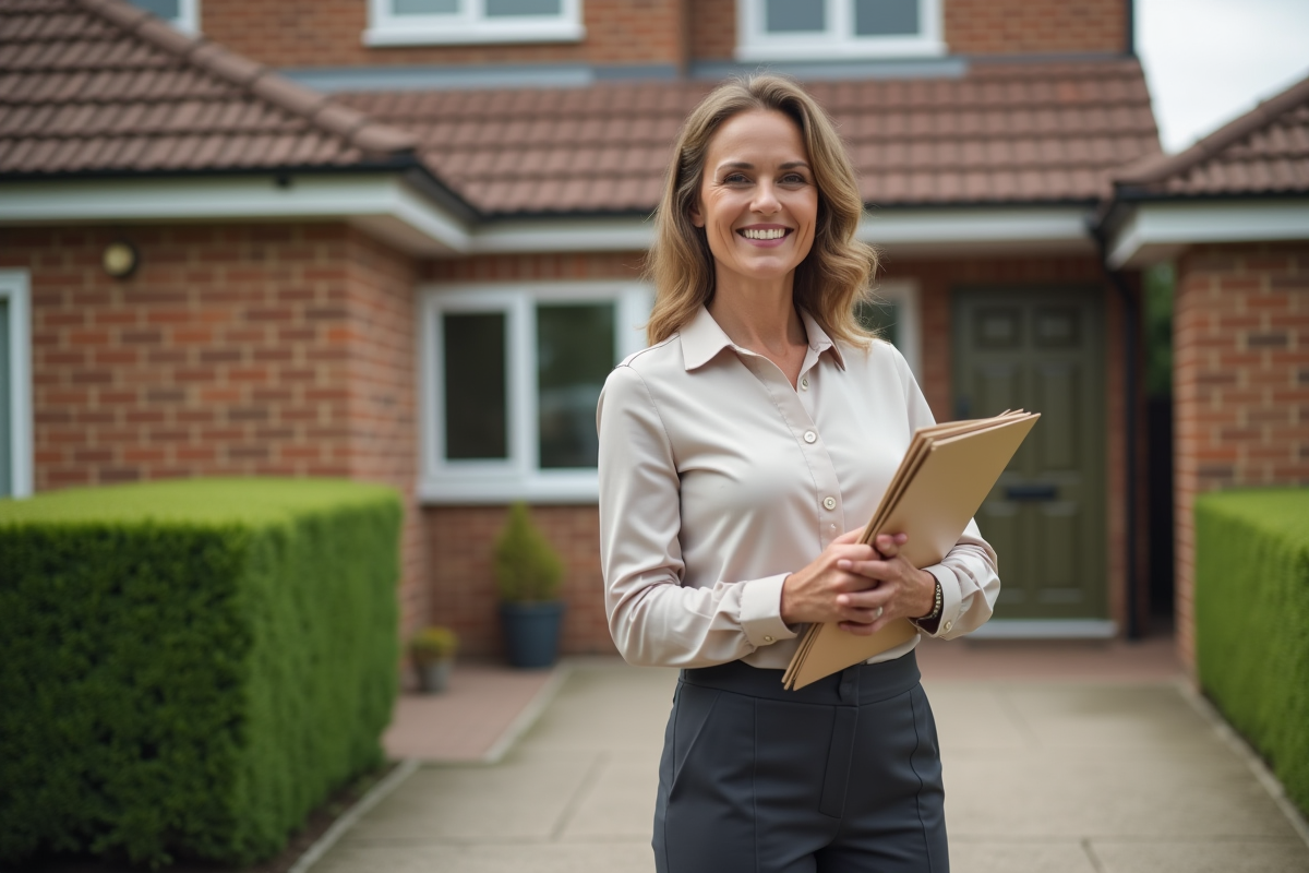 Femme souriante tenant un dossier de demande de prêt immobilier devant une maison