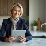 Femme élégante avec blazer navy et écharpe en cuisine moderne
