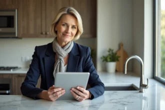 Femme élégante avec blazer navy et écharpe en cuisine moderne
