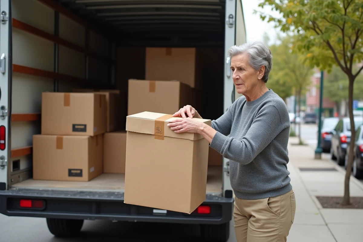 Femme emballant une boîte dans un camion de déménagement urbain