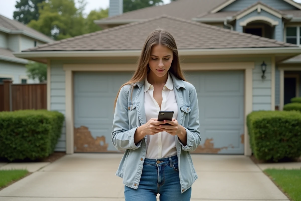 Jeune femme regardant une estimation de garage sur son smartphone