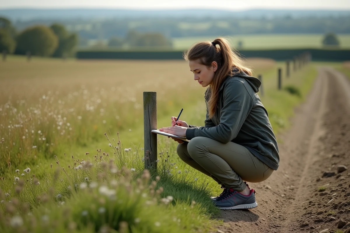 Femme vérifiant une limite de champ rural
