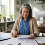 Femme d'âge moyen dans un bureau lumineux vérifiant des documents financiers