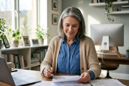 Femme d'âge moyen dans un bureau lumineux vérifiant des documents financiers