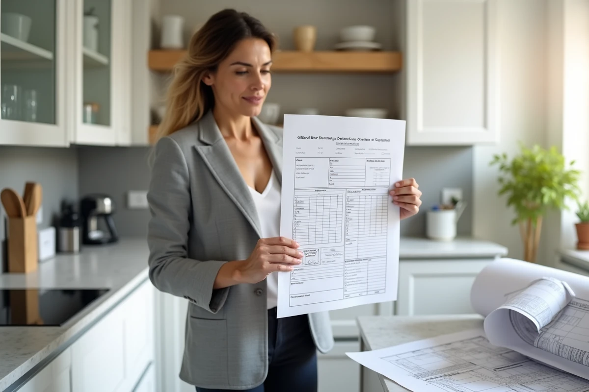 Femme tenant un formulaire de déclaration préalable de travaux en format A4 avec plan architectural sur un comptoir de cuisine