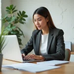 Femme professionnelle en bureau immobilier moderne