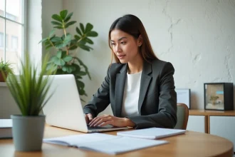 Femme professionnelle en bureau immobilier moderne