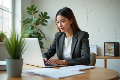 Femme professionnelle en bureau immobilier moderne