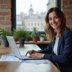 Femme confiante en immobilier avec documents et ordinateur