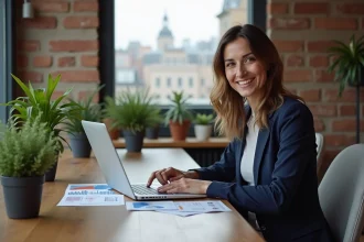 Femme confiante en immobilier avec documents et ordinateur