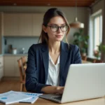 Jeune femme en blazer bleu étudie taux hypothécaire